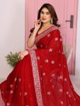 1DESIGNER CHIFFON SILK EMBROIDERY WITH PIPING BORDER WORK SAREE WITH UNSTITCHED BLOUSE WEDDING WEAR WHOLESALE PRICE ETHNIC GARMENT (20)