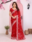 DESIGNER CHIFFON SILK EMBROIDERY WITH PIPING BORDER WORK SAREE WITH UNSTITCHED BLOUSE RED