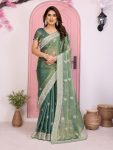 DESIGNER CHIFFON SILK EMBROIDERY WITH PIPING BORDER WORK SAREE WITH UNSTITCHED BLOUSE GREEN