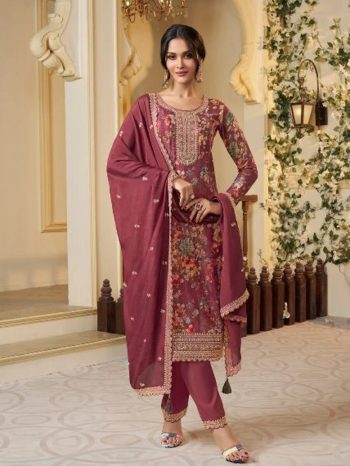 DESIGNER CHINON SILK DIGITAL PRINT WITH EMBROIDERY SEQUENCE CODING WORK TOP BOTTOM WITH DUPATTA RED