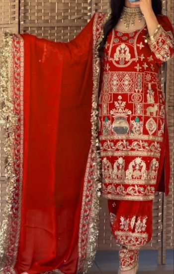 DESIGNER CREPE EMBROIDERY SEQUENCE WORK TOP PATIYALA WITH DUPATTA  ORANGE