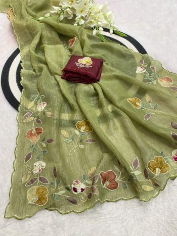 DESIGNER CRUNCHY CHIFFON MULTI COLOR PATCH AND HANDWORK BORDER SAREE WITH UNSTITCHED BLOUSE PISTA