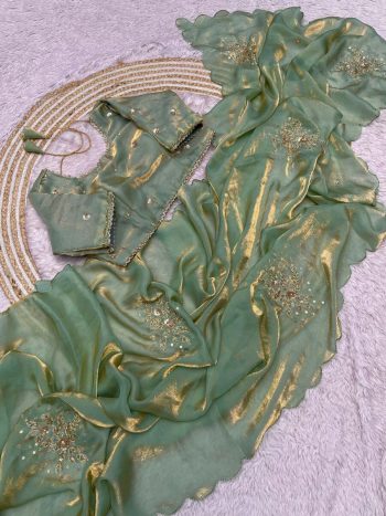 DESIGNER FENDY SATTIN KHATLI CUT DANA HANDWORK WITH ARCO BORDER SAREE WITH UNSTITCHED BLOUSE PISTA