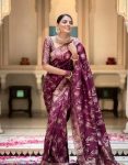 DESIGNER LICHI SILK JACQUARD WORK SAREE WITH UNSTITCHED BLOUSE WINE