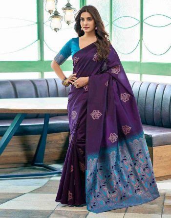 DESIGNER LICHI SILK ORGANIC BANARASI SAREE WITH UNSTITCHED BLOUSE PURPLE