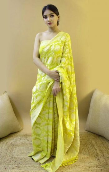 DESIGNER SOFT LICHI SILK JACQUARD WORK  SAREE WITH UNSTITCHED BLOUSE LEMON