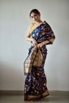 DESIGNER SOFT LICHI SILK JACQUARD WORK  WITH ORIGINAL GOLD ZARI SAREE WITH UNSTITCHED BLOUSE  NEVY BLUE