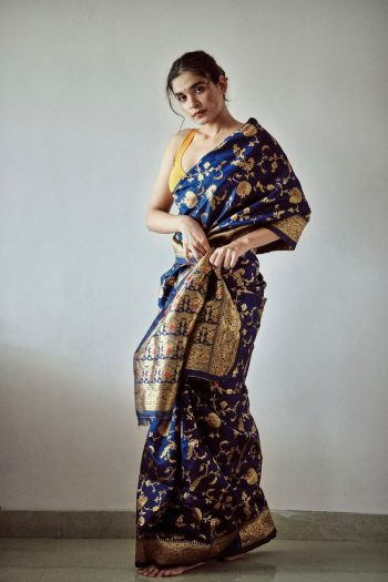 DESIGNER SOFT LICHI SILK JACQUARD WORK  WITH ORIGINAL GOLD ZARI SAREE WITH UNSTITCHED BLOUSE  NEVY BLUE