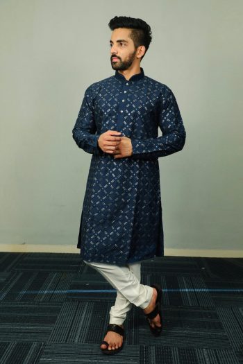 DESIGNER SOFT SILK SILVER AND MATE SEQUENCE WITH EMBROIDERY WORK KURTA PAYJAMA TEAL