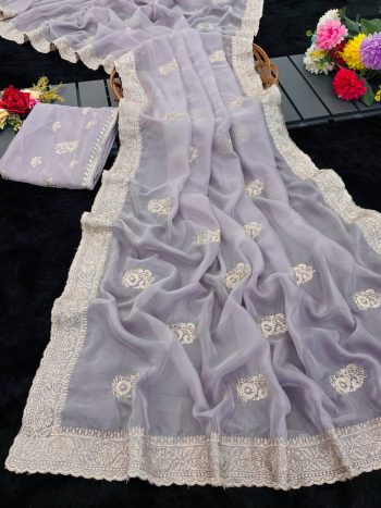 DESIGNER TABBY ORGANZA THREAD WORK AND ARCO BORDER SAREE WITH UNSTITCHED BLOUSE LAVENDER