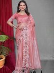 DESIGNER TWILL NET MULTI WORK SAREE WITH UNSTITCHED BLOUSE PINK