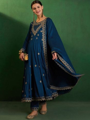 DESIGNER VICHITRA SILK SEQUENCE CODING EMBROIDERY WORK TOP BOTTOM WITH DUPATTA TEAL