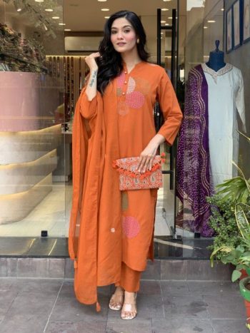 FANCY CHANDERI MIRROR AND EMBROIDERY WORK TOP BOTTOM WITH DUPATTA ORANGE