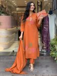 1FANCY CHANDERI MIRROR AND EMBROIDERY WORK TOP BOTTOM WITH DUPATTA FESTIVE WEAR WHOLESALE PRICE ETHNIC GARMENT (11)