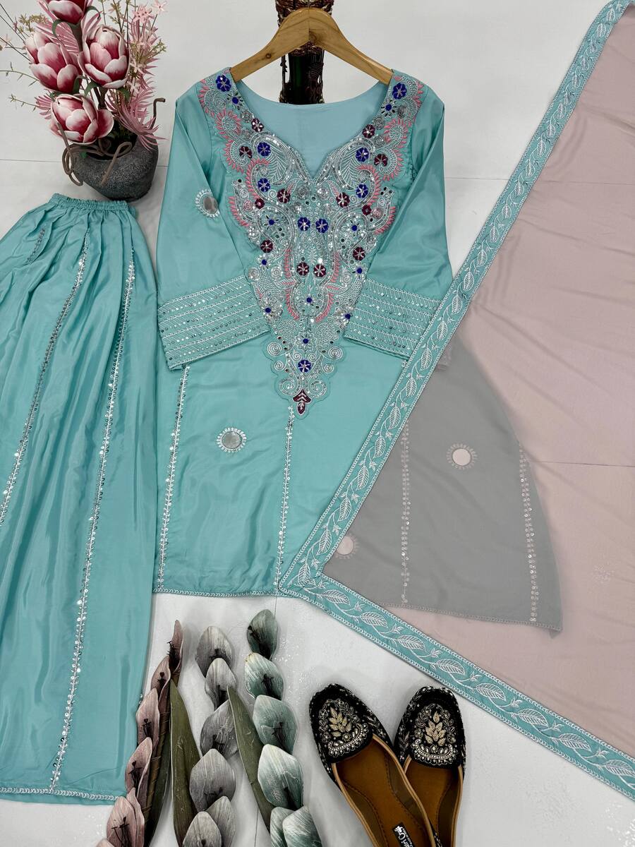 1FANCY CREPE EMBROIDERY SEQUENCE WORK WITH REAL MIRROR HAND WORK TOP PALAZZO WITH DUPATTA PARTY WEAR WHOLESALE PRICE ETHNIC GARMENT (8)