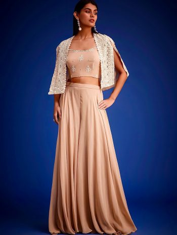 FANCY GEORGETTE EMBROIDERED SEQUENCE WORK WITH REAL MIROR HAND WORK BLOUSE KOTI WITH PALAZZO PEACH