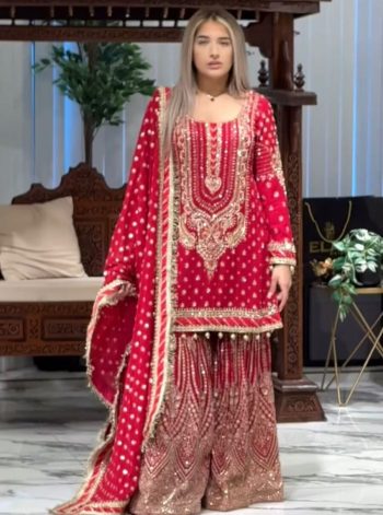 FANCY GEORGETTE EMBROIDERY SEQUENCE WITH LATKAN BORDER WORK TOP SHARARA WITH DUPATTA RANI