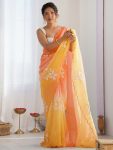FANCY GOLD CRUSH EMBROIDERY WORK SAREE WITH UNSTITCHED BLOUSE YELLOW + PINK