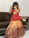 FANCY LICHI SILK ZARI  WEAVING WORK KID'S TOP LEHENGA ORANGE