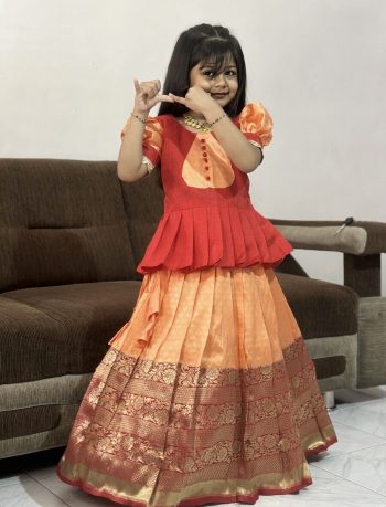 FANCY LICHI SILK ZARI  WEAVING WORK KID'S TOP LEHENGA ORANGE