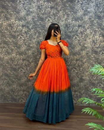 FANCY MUL COTTON HAND WORK GOWN ORANGE