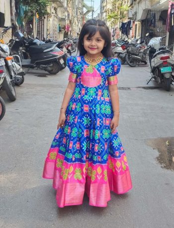 FANCY SILK DIGITAL PRINTED KID'S GOWN BLUE