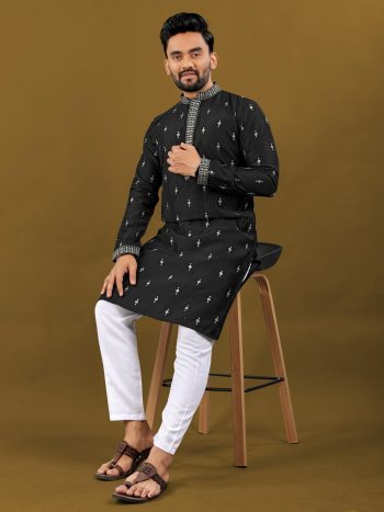 FASHIONABLE MATKA SILK SILVER JARI WITH EMBROIDERY BUTTI WORK KURTA PAYJAMA BLACK
