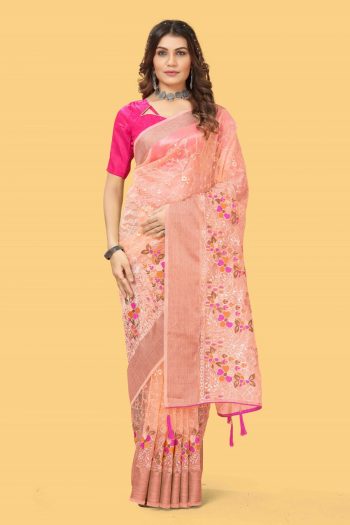FASHIONABLE ORGANZA SILK THREAD AND ZARI-DORI WORK WITH STONE WORK SAREE WITH UNSTITCHED BLOUSE CREAM