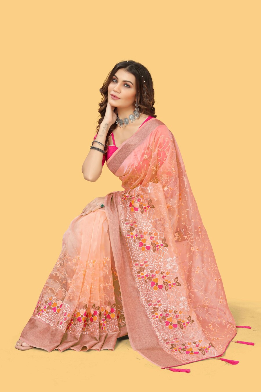 1FASHIONABLE ORGANZA SILK THREAD AND ZARI-DORI WORK WITH STONE WORK SAREE WITH UNSTITCHED BLOUSE WEDDING WEAR WHOLESALE PRICE ETHNIC GARMENT (33)
