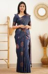FASHIONABLE SOFT LICHI SILK JACQUARD WORK SAREE WITH UNSTITCHED BLOUSE NAVY BLUE