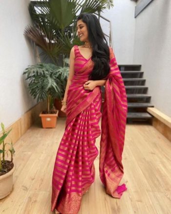 FASHIONABLE SOFT LICHI SILK JACQUARD WORK SAREE WITH UNSTITCHED BLOUSE RANI