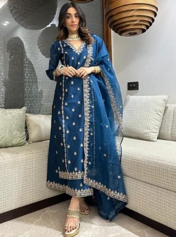 LATEST CHANDERI SILK EMBROIDERY WORK TOP BOTTOM WITH DUPATTA TEAL