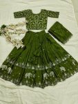 LATEST CHINON  SILK EMBROIDERY WORK  KID'S LEHANGA CHOLI WITH DUPATTA GREEN