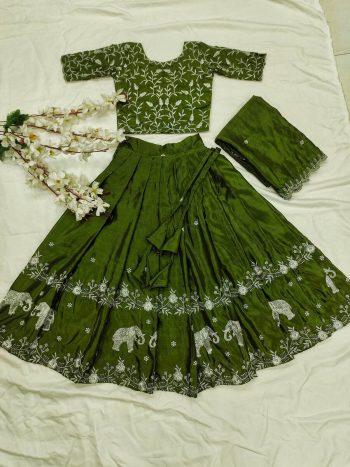 LATEST CHINON  SILK EMBROIDERY WORK  KID'S LEHANGA CHOLI WITH DUPATTA GREEN