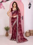 LATEST GEORGETTE RAJWADI BANDHEJ PRINT WITH EMBROIDERY WORK SAREE WITH UNSTITCHED BLOUSE WINE