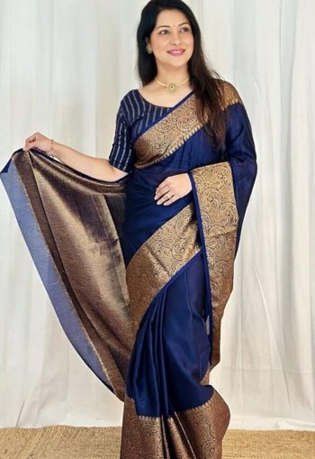 LATEST LICHI SILK JACQUARD WORK SAREE WITH UNSTITCHED BLOUSE NAVY BLUE