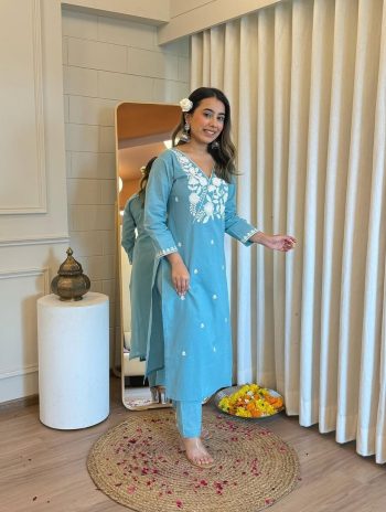 LATEST RAYON COTTON EMBRODERY WORK KURTI WITH BOTTOM