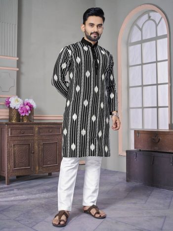 LATEST ROYAL LINEN EMROIDERY WITH SEQUENCE WORK  KURTA PAYJAMA BLACK