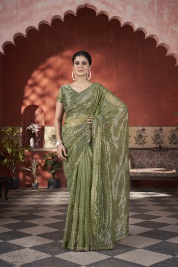 LATEST TISSUE NET SEQUENCE &THREAD EMBROIDERY WORK SAREE WITH UNSTITCHED BLOUSE GREEN