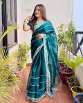 LUXURY PURE SOFT JIMMY CHOO SILK SEQUENCE WORK WITH WORK BORDER SAREE WITH UNSTITCHED BLOUSE  TEAL