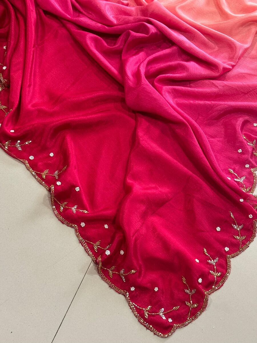 1MODERN CHINON PADDING RICH CUT DANA AND MOTI FLOWERS HANDWORK BORDER SAREE WITH UNSTITCHED BLOUSE FESTIVAL WEAR WHOLESALE PRICE ETHNIC GARMENT (7)