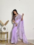 MODERN EMBROIDERY WORK SEQUENCE AND JARI WITH ARC BORDER JIMMY CHOO SAREE WITH STITCHED BLOUSE LAVENDER