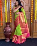 MODERN LICHI SILK JACQUARD WORK SAREE WITH UNSTITCHED BLOUSE PARROT GREEN