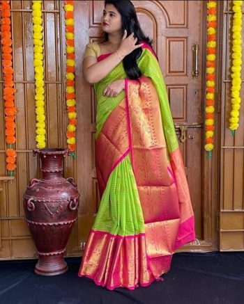 MODERN LICHI SILK JACQUARD WORK SAREE WITH UNSTITCHED BLOUSE PARROT GREEN