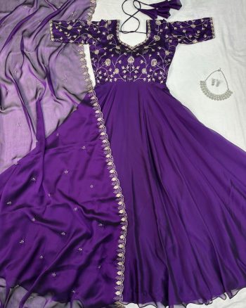 MODERN SILK EMBROIDERY WORK GOWN WITH DUPATTA PURPLE
