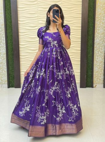 NEW ARRIVAL DOLA SILK KALAMKARI PRINT AND JCQUARD BORDER WORK GOWN PURPLE