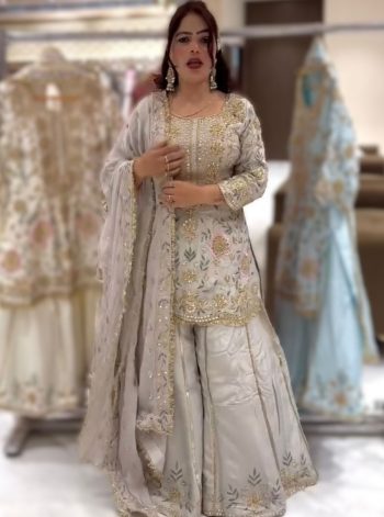NEW ARRIVAL NATURAL CREPE EMBROIDERY AND SEQUENCE WORK TOP PALAZZO WITH DUPATTA  WHITE