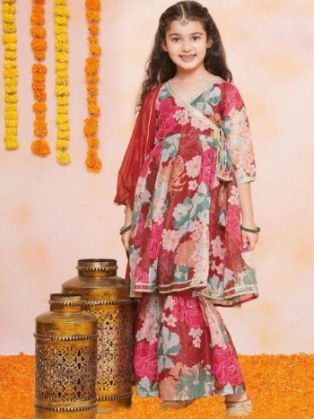 NEW ARRIVAL RAYON DIGITAL FLOWER PRINT WORK KID'S TOP SHARARA WITH DUPATTA MAROON