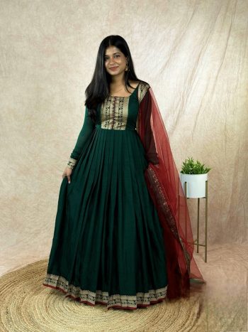 NEW ARRIVAL VICHITRA SILK JACQUARD WEAVING ZARI BORDER WORK ANARKALI WITH DUPATTA GREEN