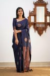 RICH LOOK LICHI SILK JACQUARD WORK SAREE WITH UNSTITCHED BLOUSE BLUE